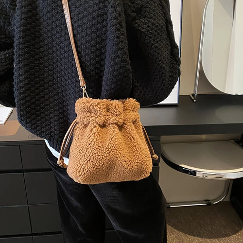 Fashionable Mini Plush Crossbody Bag Drawstring - Soft Fuzzy Bucket Women - Soft