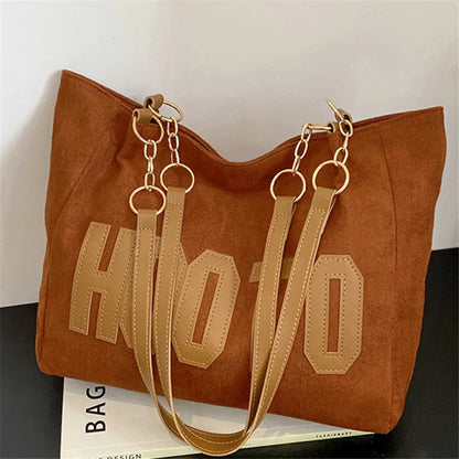 Letter Patch Suede Tote Bag – Vintage Women's Shoulder Handbag with Zipper