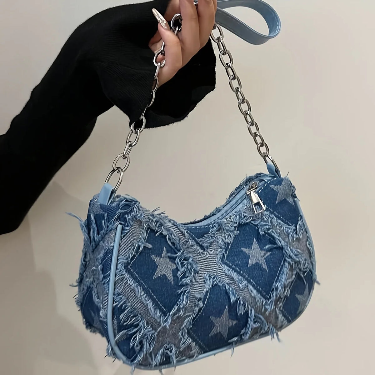 Denim Checkered Shoulder Bag for Women – Chain Strap Hobo Handbag