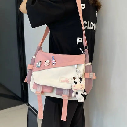 Harajuku Nylon Messenger Bag with Cute Badge Pins – Large Capacity