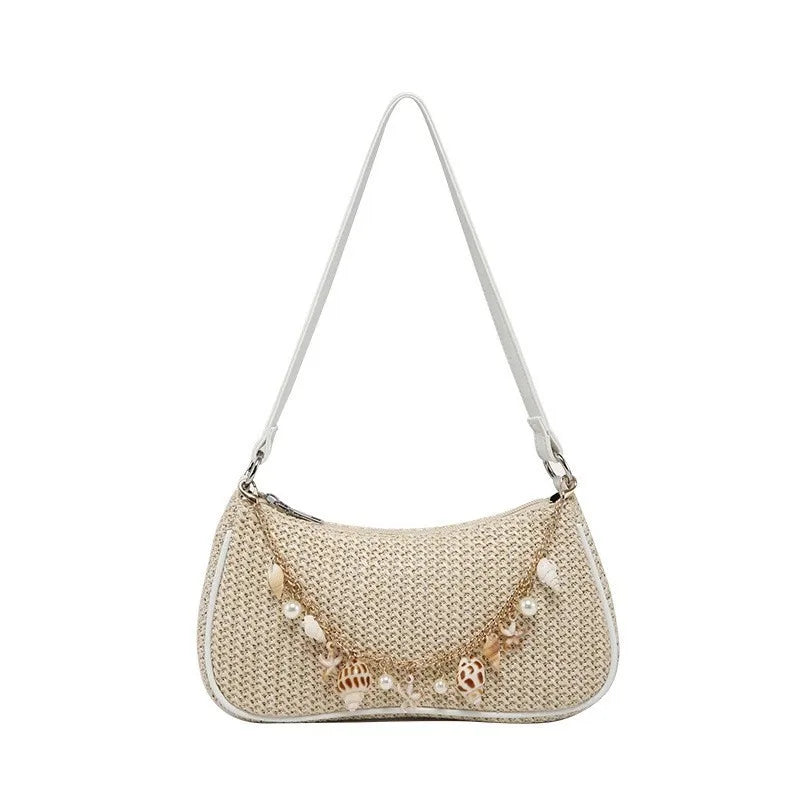 Straw Shoulder Bag with Ocean Shell & Starfish Charms