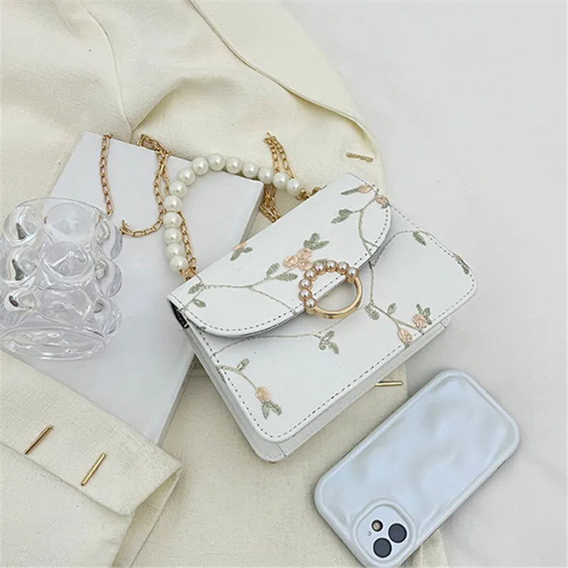 Pearl Chain Floral Embroidered Mini Shoulder Bag