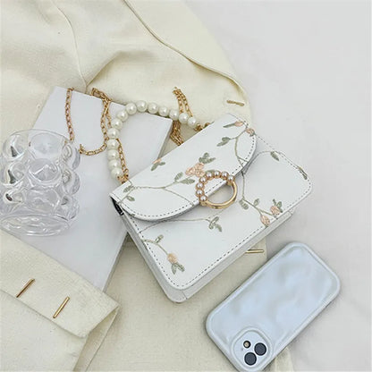 Pearl Chain Floral Embroidered Mini Shoulder Bag
