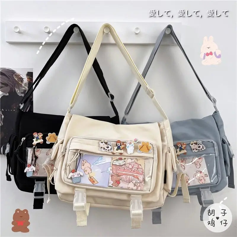 Kawaii Japanese Nylon Crossbody Bag with Transparent Pin Pocket