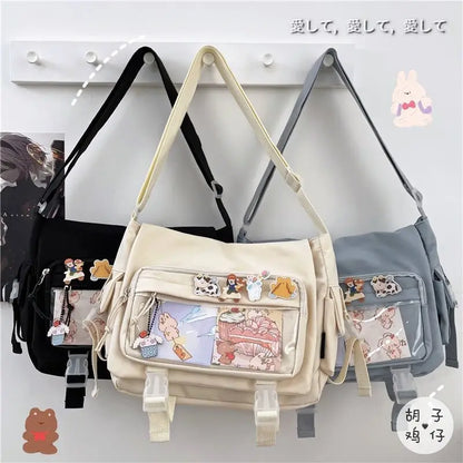 Kawaii Japanese Nylon Crossbody Bag with Transparent Pin Pocket