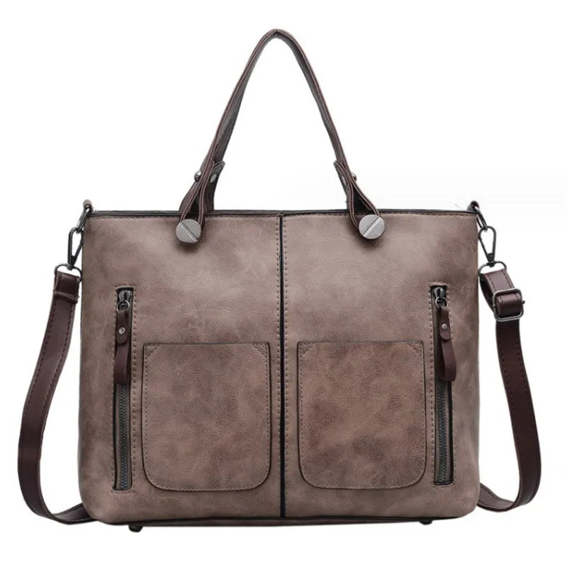 Retro Leather Tote Bag – Dual Pocket Zipper Shoulder Handbag