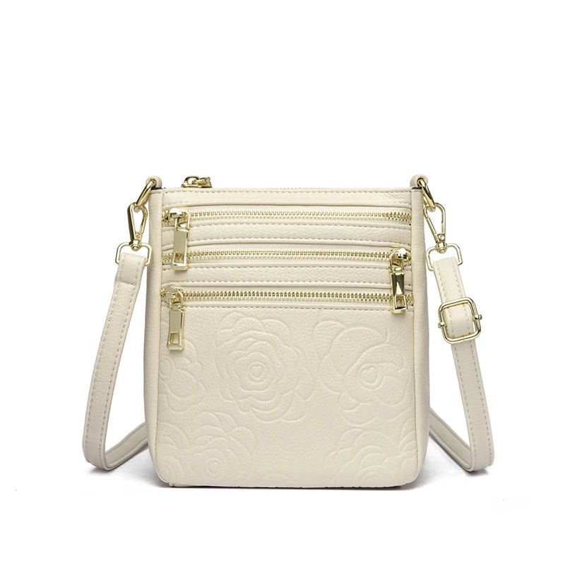 Triple Zipper Crossbody Bag – Floral Embossed Leather Shoulder Bag