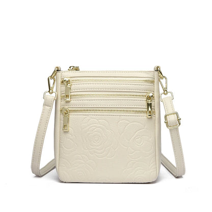 Triple Zipper Crossbody Bag – Floral Embossed Leather Shoulder Bag