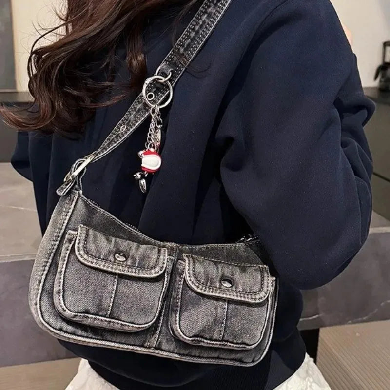 Washed Denim Shoulder Bag Y2K Style with Balloon Dog Charm