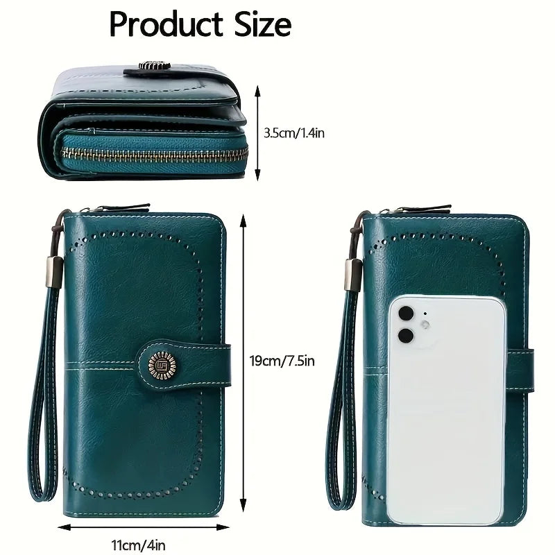 RFID Blocking Vintage Leather Wallet – Large Wristlet Clutch for Women