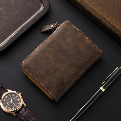 Men's Leather Bifold Wallet – Multi-Card Slots & Zipper Coin Pocket