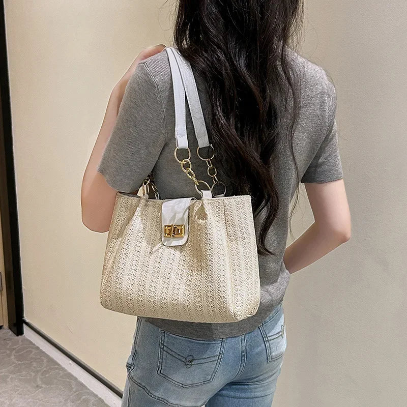 Straw Woven Tote Bag with Chain Leather Strap for Women