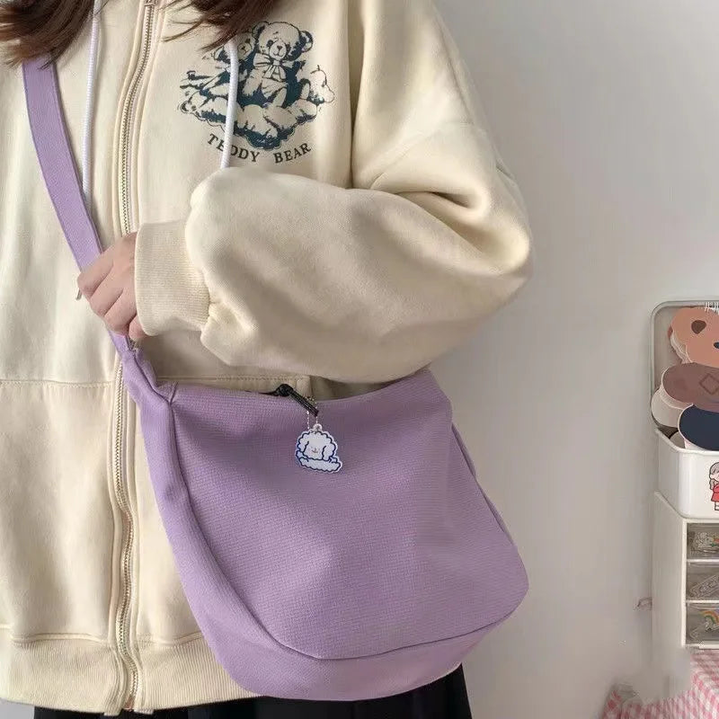 Canvas Crossbody Bag with Charm – Large Capacity Shoulder Bag