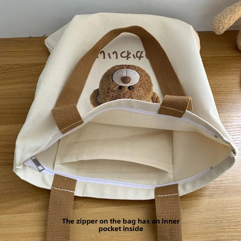 Bear Print Canvas Tote Bag – Large Capacity Shoulder Bag