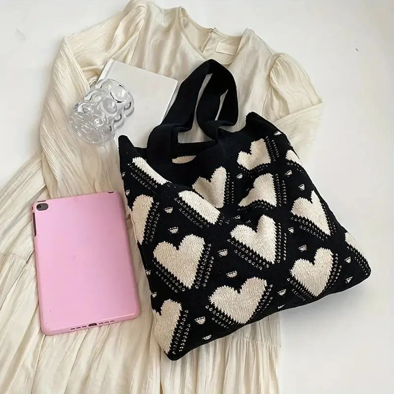 Love Pattern Handbag Knitted Women S Bag Large Capacity Weaving Tote Street Trend Shopping Shoulder