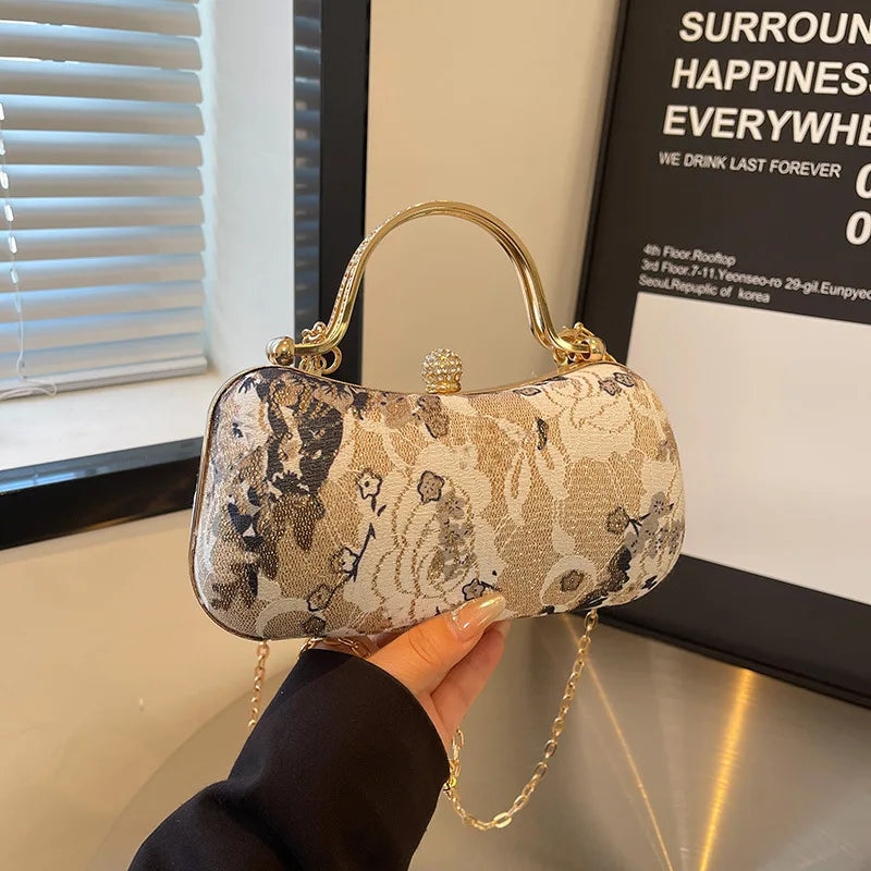 Floral Tapestry Box Clutch Bag with Gold-Tone Hardware & Detachable Chain