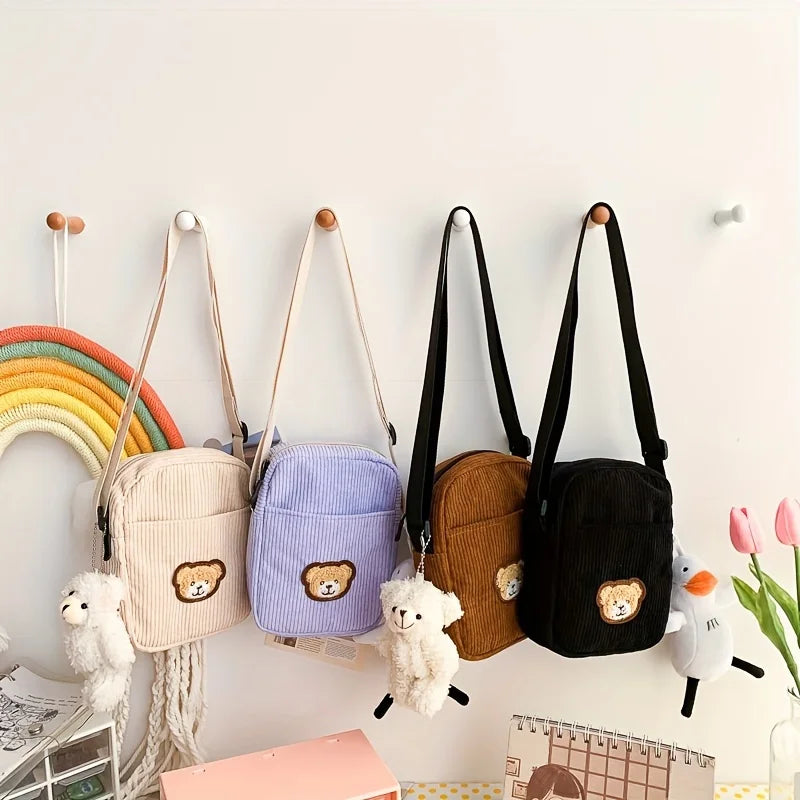 Girls Portable Corduroy Bear Phone Crossbody Bag Mobile Phone Coin Purse Fashionable Cross Small Bag