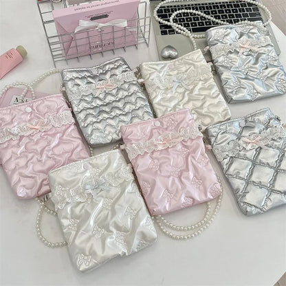 Satin Mini Phone Bag – Bow Embossed Pearl Chain Shoulder Purse