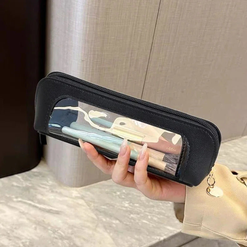 Pu Pencil Case Portable Waterproof Transparent Cosmetic Bag Zipper Makeup Brush Storage Sundries