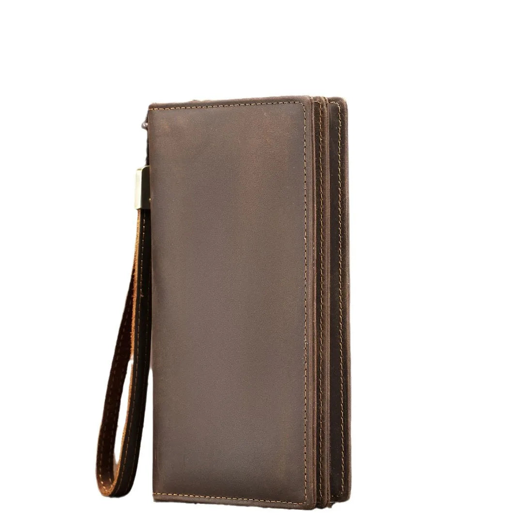 Men S Hand Purse Crazy Horse Leather Long Zipper Business Rope Large Capacity Grip Bag