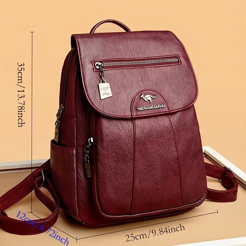 Faux Leather Women's Backpack – Large Capacity Casual Flap Bag