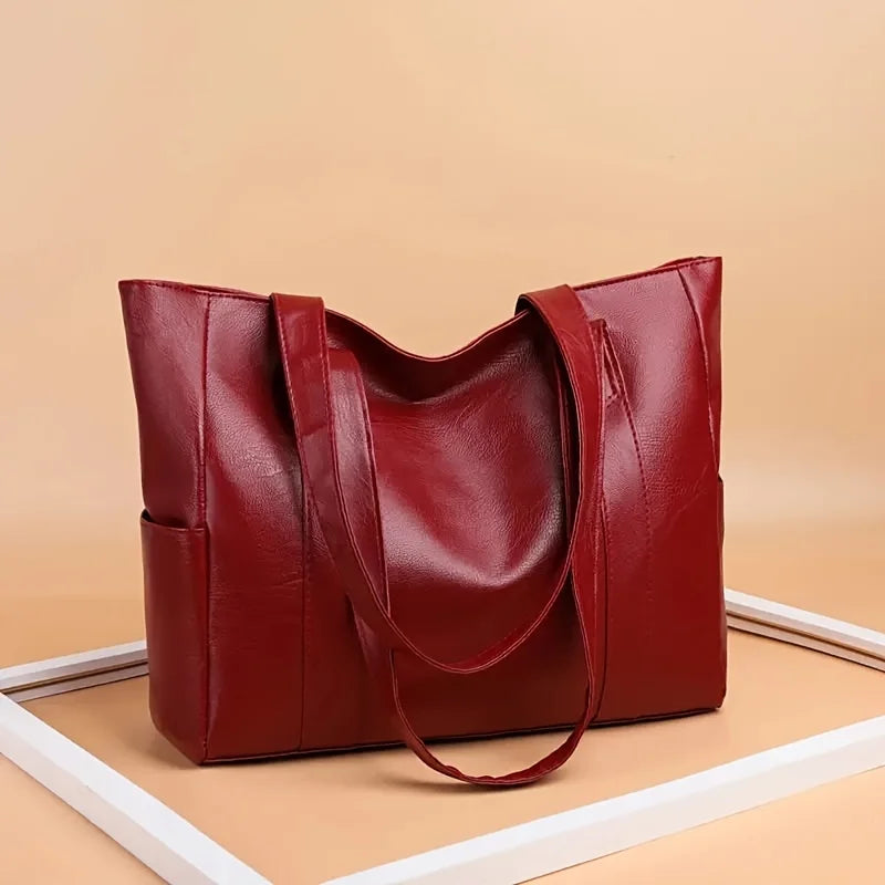 Large PU Leather Tote Bag with Zipper & Double Handles