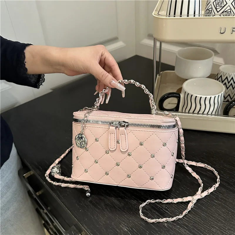 Quilted Mini Box Handbag Metal Chain Top Handle Crossbody Purse Camellia Charm