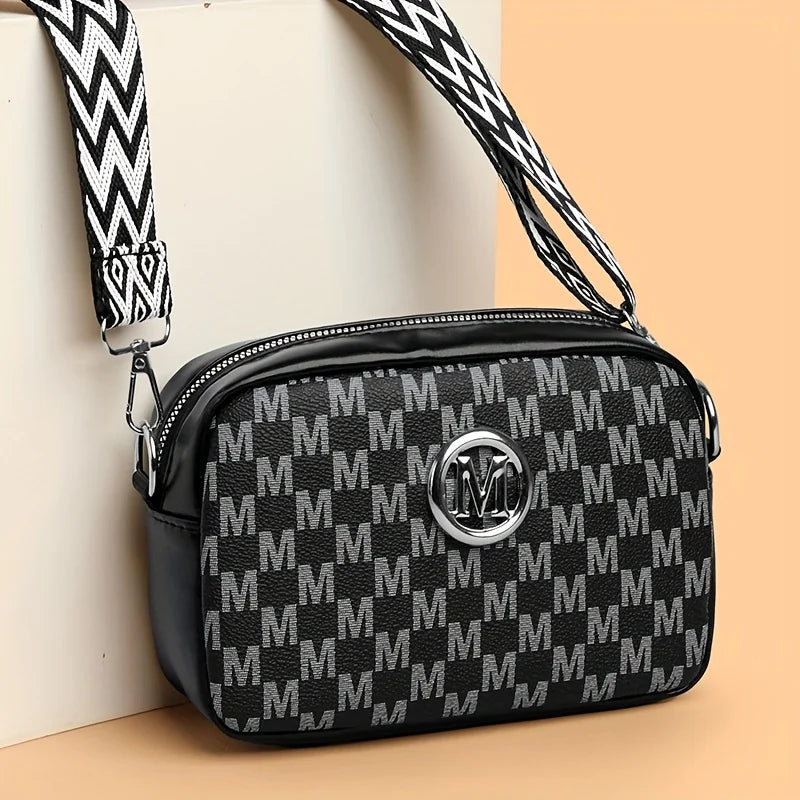 Women's PU Leather Crossbody Bag with M Logo Badge & Wide Strap