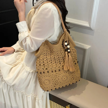Crochet Tote Bag Women White Openwork Knit Purse Bead Fringe Charm Adjustable Long Straps Boho Beach