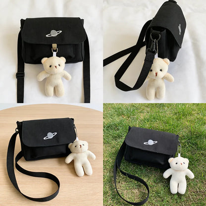 Canvas Crossbody Bag with Embroidery & Pendant - Minimalist Shoulder Handbag