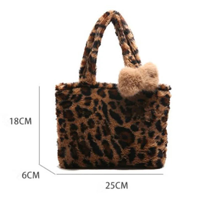 Leopard Print Plush Handbag Soft Fluffy Tote Bag Stylish Shoulder Bags Women Daily Use Friends