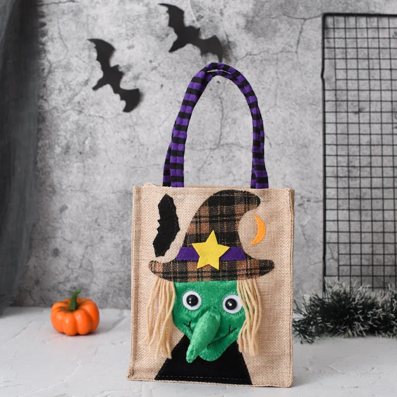 Halloween Linen Tote Bag – Trick or Treat Candy Bag with Fun Graphics