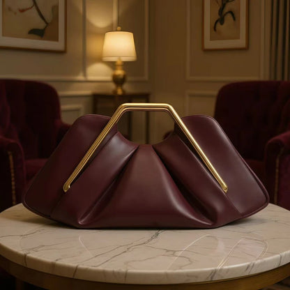 Elegant Pleated Leather Clutch Bag Luxury Gold Metal Frame Handbag Vintage Evening Party Purse