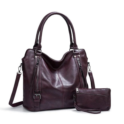 2-Piece Vintage PU Leather Handbag & Wristlet Purse Set