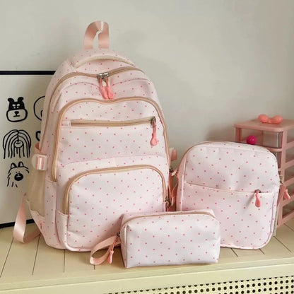 Nylon Polka Dot Backpack Set Stationery Storage Multi Compartment Girls Zipper Closure Student Gifts