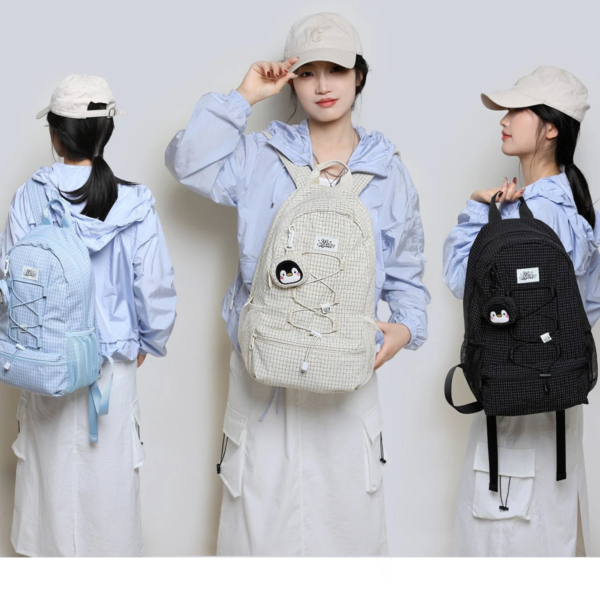 Drawstring Checkered Striped Backpack Polyester Lightweight Workwear