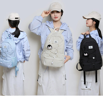 Drawstring Checkered Striped Backpack Polyester Lightweight Workwear
