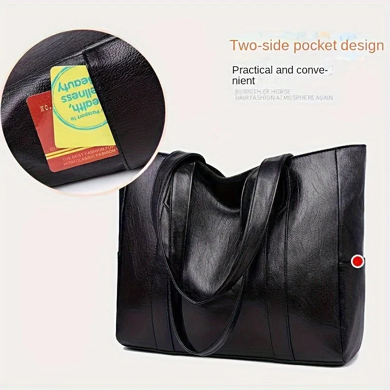 Large PU Leather Tote Bag with Zipper & Double Handles