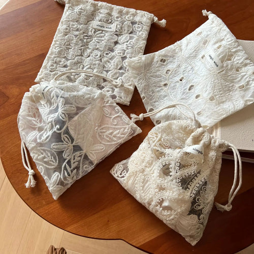 Retro Lace Storage Pouch Apricot Lace-Cutout Embroidered Multi-Purpose Organizer Hair Accessories