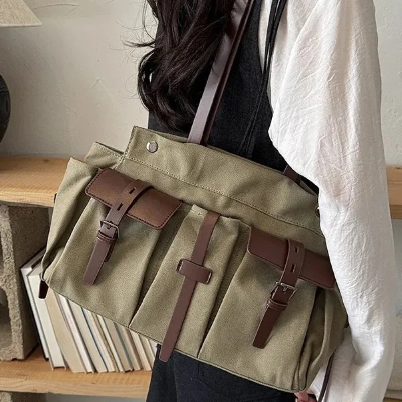 Women Canvas Tote Shoulder Bag Large Capacity Vintage Casual Daily Office Handbag Trend Female Hand