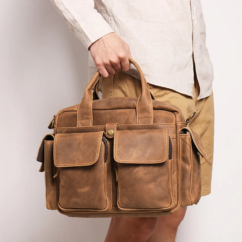 Retro Men S Real Leather Handhold Head Layer Crazy Horse Shoulder Crossbody Bag Large Capacity