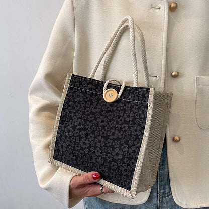 Women's Canvas Tote Bag – Floral Minimalist Handbag with Button Closure