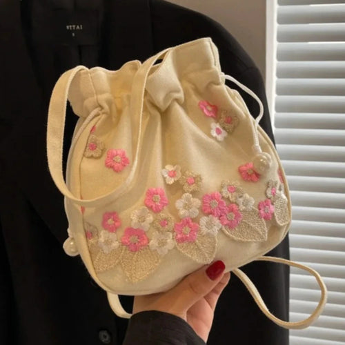 Ethnic Style Hanfu Drawstring Bag Chinese Crossbody Embroidery Flower Handbag Storage Ancient Floral