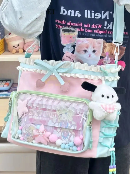 Lace Bow Ita Bag – Y2K Kawaii Crossbody with Transparent Window
