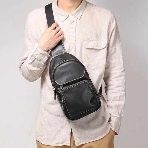 Men S Genuine Leather Chest Bag Casual Sports Crossbody Single-Shoulder Backpack Large-Capacity