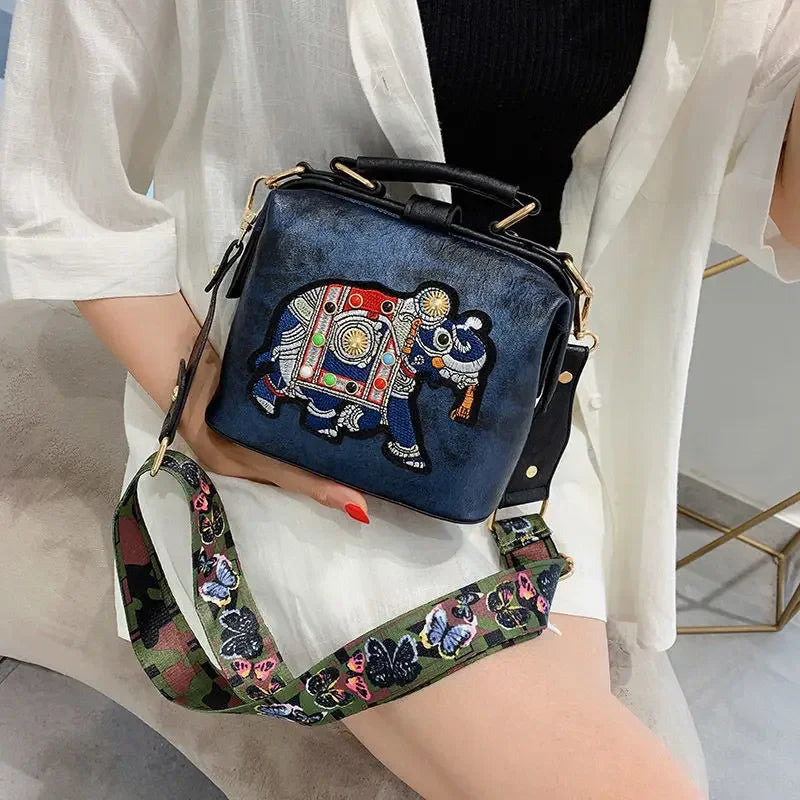Elephant Embroidered Leather Crossbody Bag – Boho Satchel