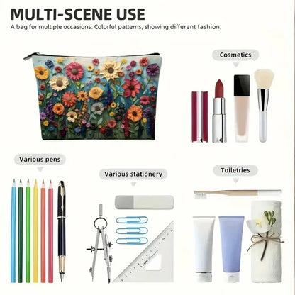 Floral Canvas Makeup Bag – Large Capacity Travel Cosmetic Pouch