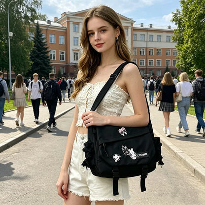 Multi-Pocket Nylon Crossbody Bag – Casual Messenger Bag with Badge for Teen, School & Travel