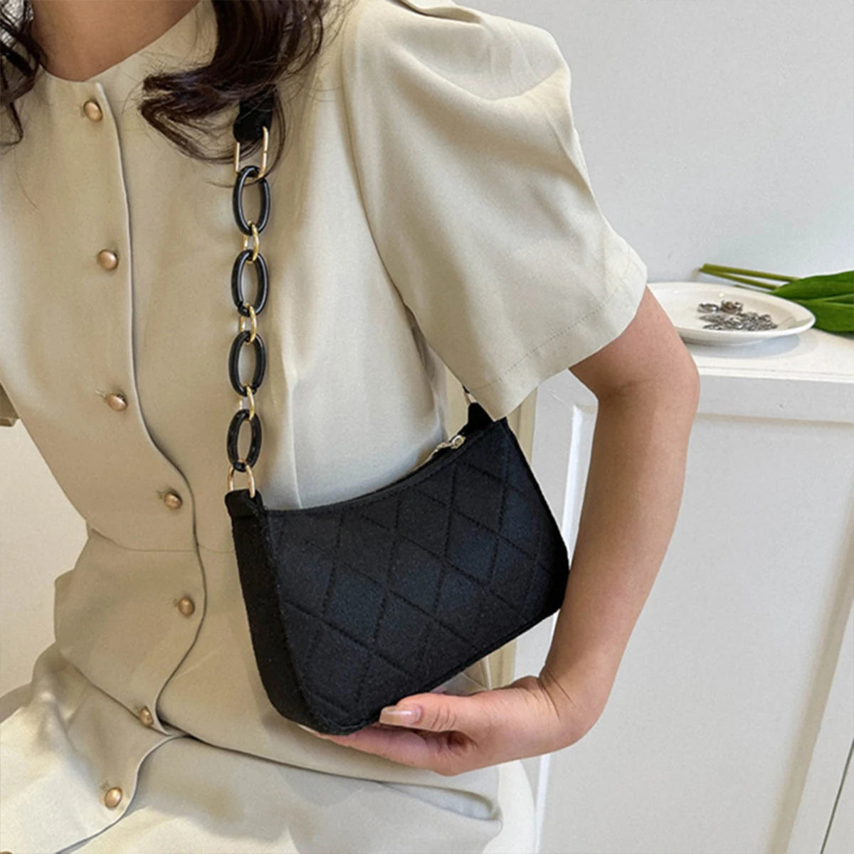 Women S Minimalist Felt Handbag - Lightweight Diamond Quilted Shoulder Bag Half-Chain Strap Zipper