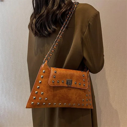 Rivet Crossbody Bag – Vintage Faux Leather Chain Shoulder Purse